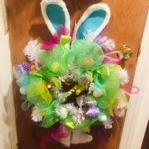 Easter Bunny Wreath Pink or Blue you choose which color